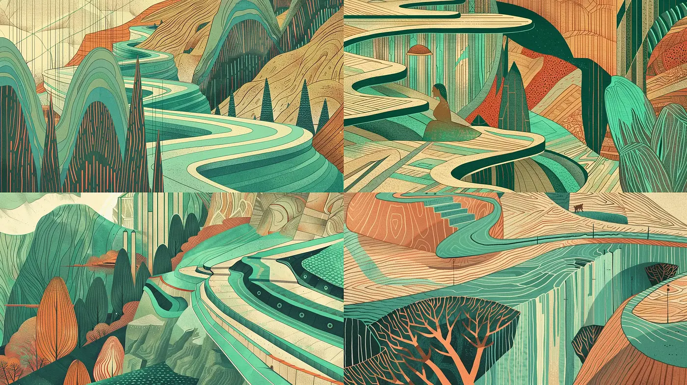 Lush Serpentine Landscapes in a Stylized Earthy Artistic Vision - Midjourney sref style