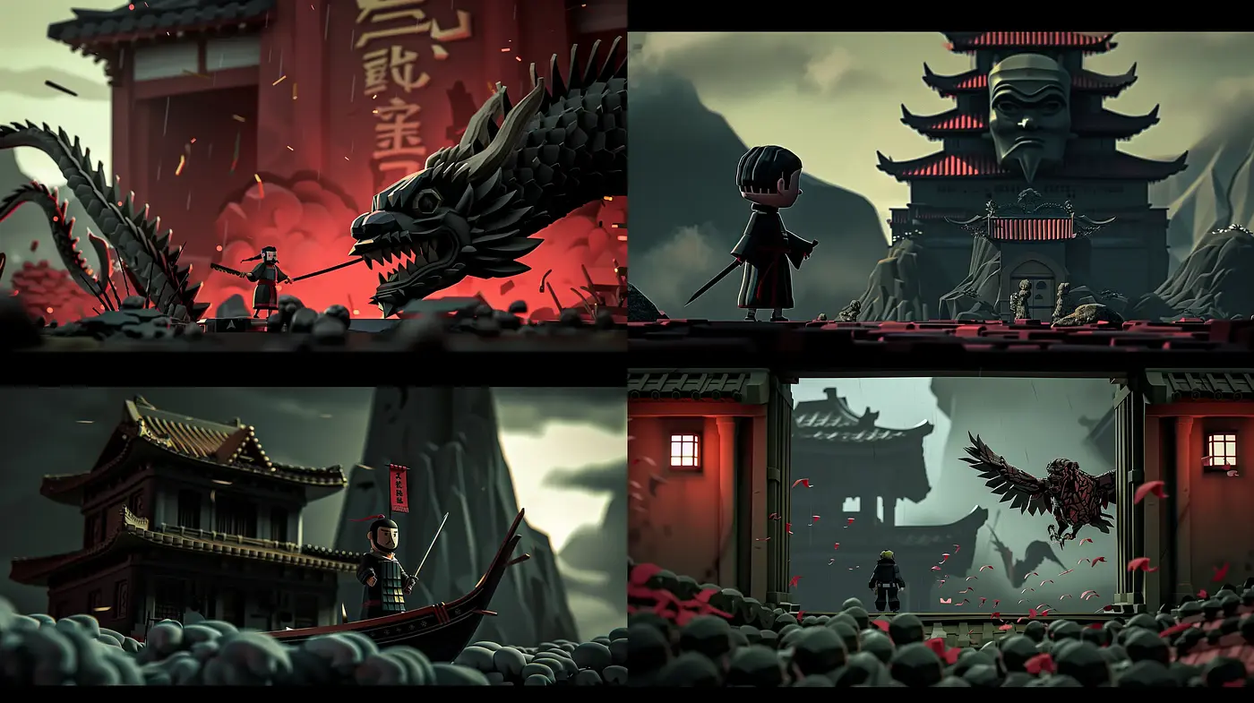 Stylized Mythological Dystopia in Monochromatic Tones - Midjourney sref style