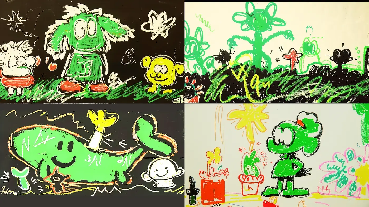 Playful and Whimsical Childlike Doodles with a Neon Touch - Midjourney sref style