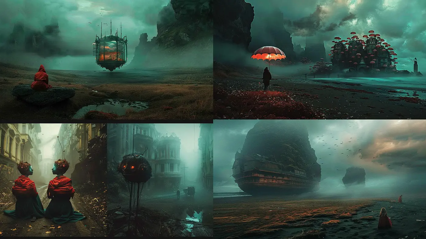Ethereal Dystopian Dreamscape with Surrealist Overtones - Midjourney sref style