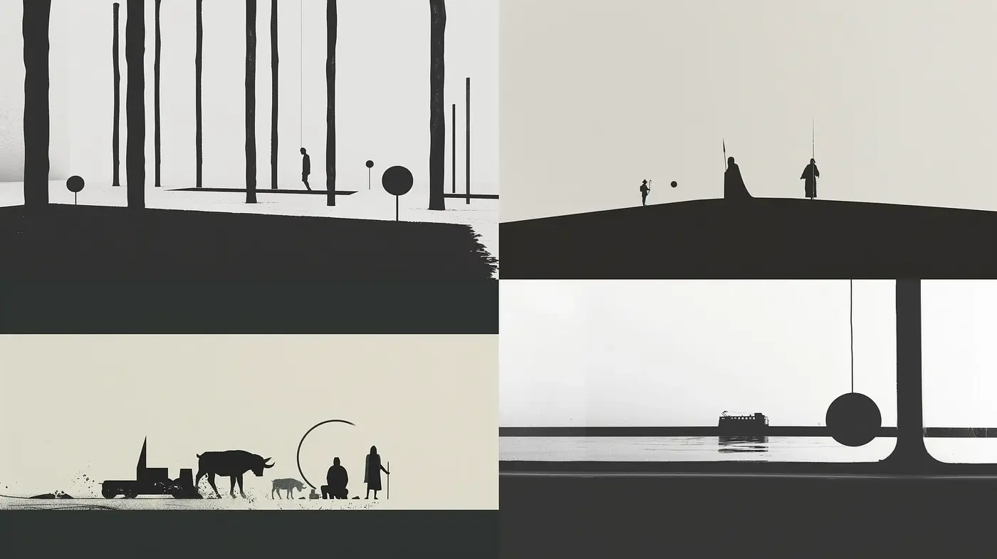 Monochromatic Silhouette Narratives in Stylized Tableaus - Midjourney sref style
