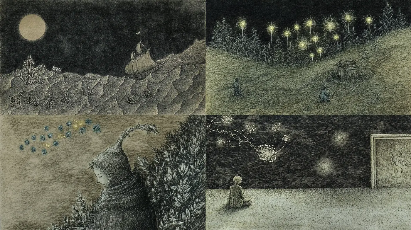 Enigmatic Midnight Tales: A Fusion of Etching and Inkwork - Midjourney sref style