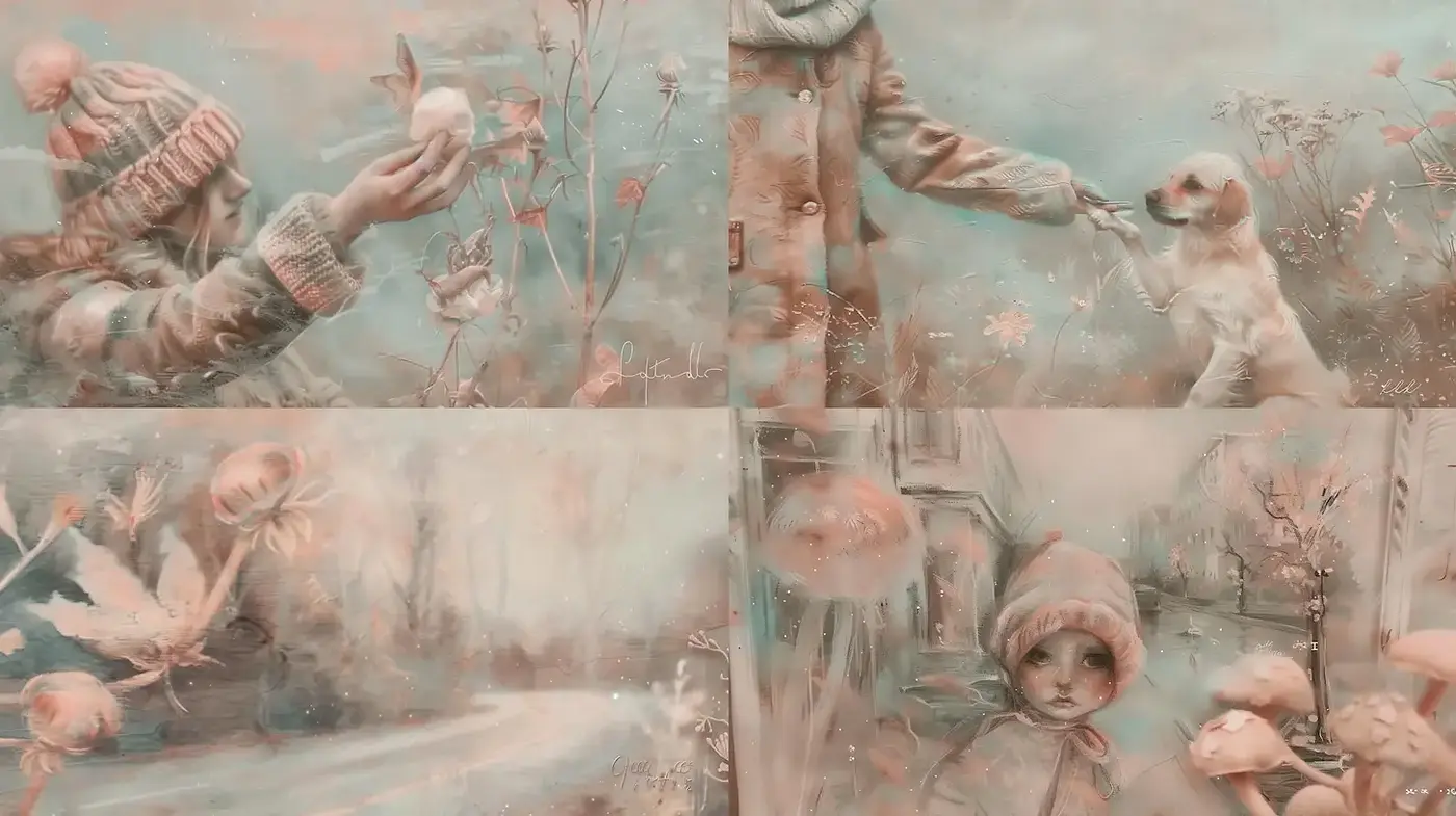 Dreamy pastel nostalgia with whimsical touches - Midjourney sref style
