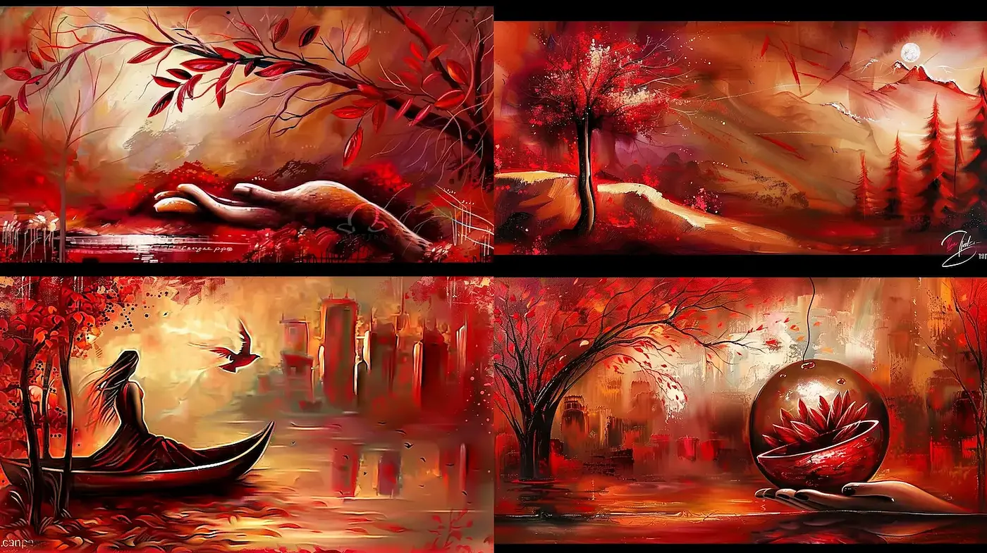 Ethereal Red-Infused Landscapes with Mystical Elements - Midjourney sref style