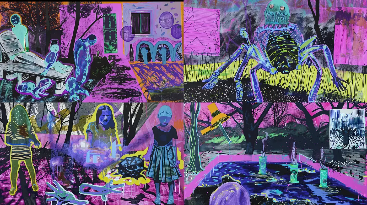 Neon Noir Psychedelia: A Fusion of Vibrant and Dark Artistic Imaginaries - Midjourney sref style