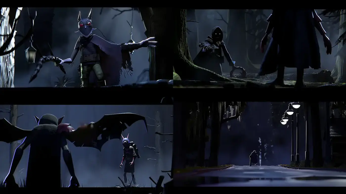 Dark, atmospheric narrative with a touch of whimsy across four panels - Midjourney sref style