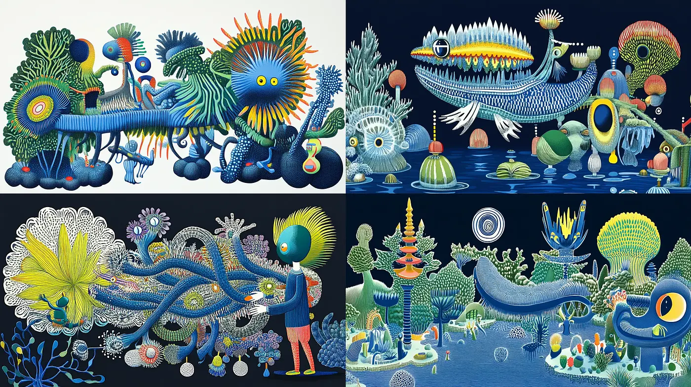 Enchanting Bioluminescent Ecosystems in Surreal Hues - Midjourney sref style