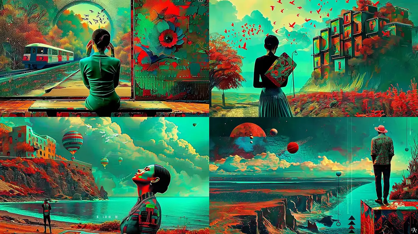 Surrealist Dreamscape with Vivid Color Contrasts and Playful Imagery - Midjourney sref style
