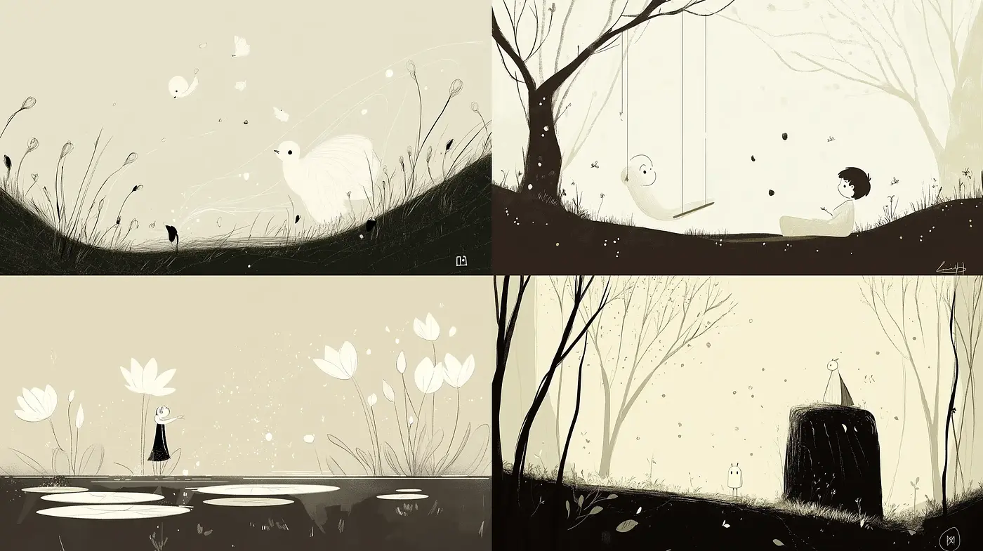 Monochromatic Whimsy in Cinematic Illustration - Midjourney sref style