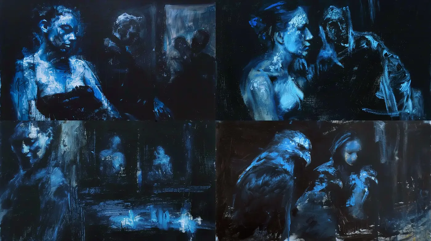 Nocturnal Echos in Cerulean Brushwork - Midjourney sref style