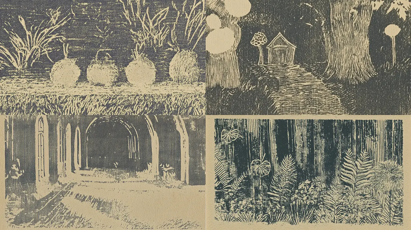Whimsical Woodcut Dreamscape in Sepia Tones - Midjourney sref style