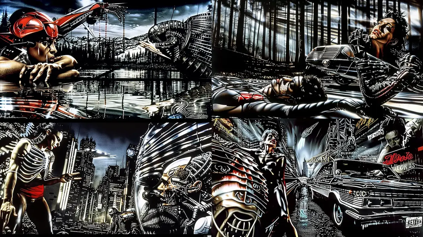 Dynamic and Dramatic Urban Noir with Sci-Fi Elements - Midjourney sref style