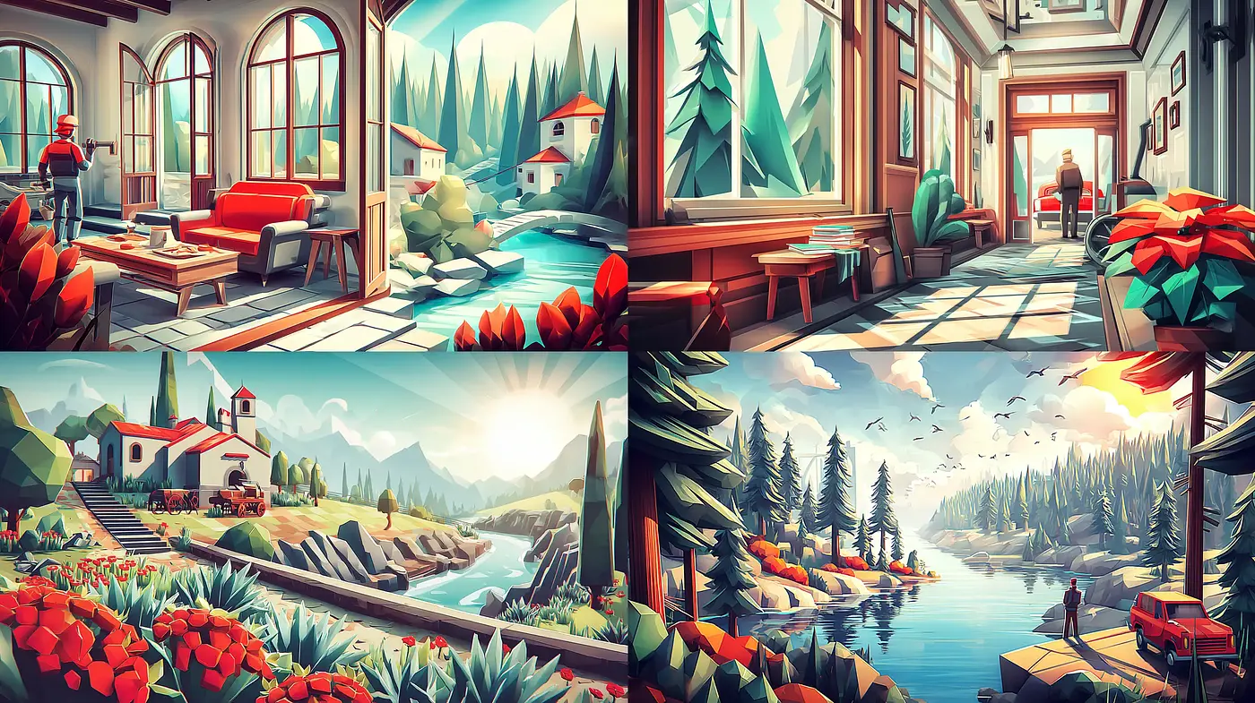 Vibrant and Geometric Renderings of Serene Landscapes - Midjourney sref style