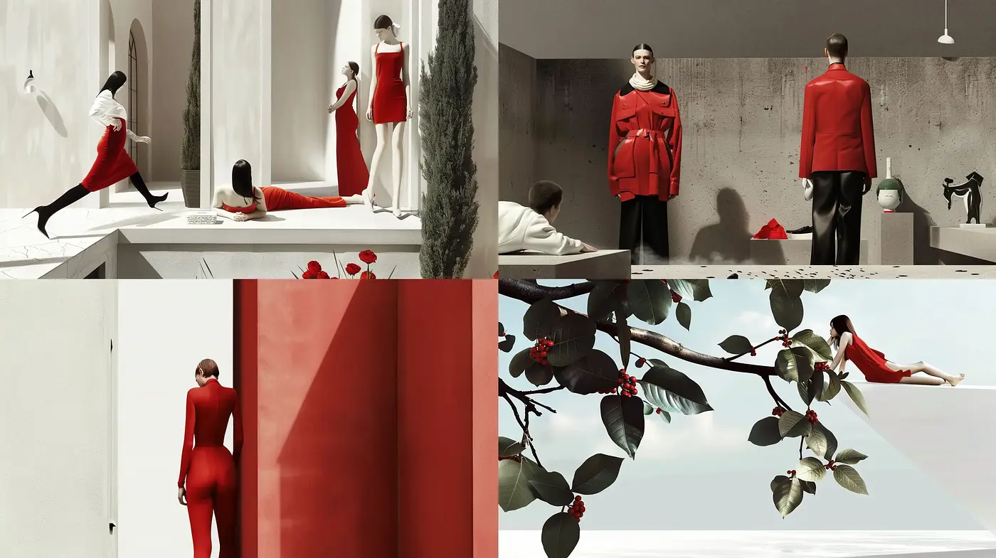 Stark Contrast in Minimalist Vignettes: A Red and Grey Pastiche - Midjourney sref style