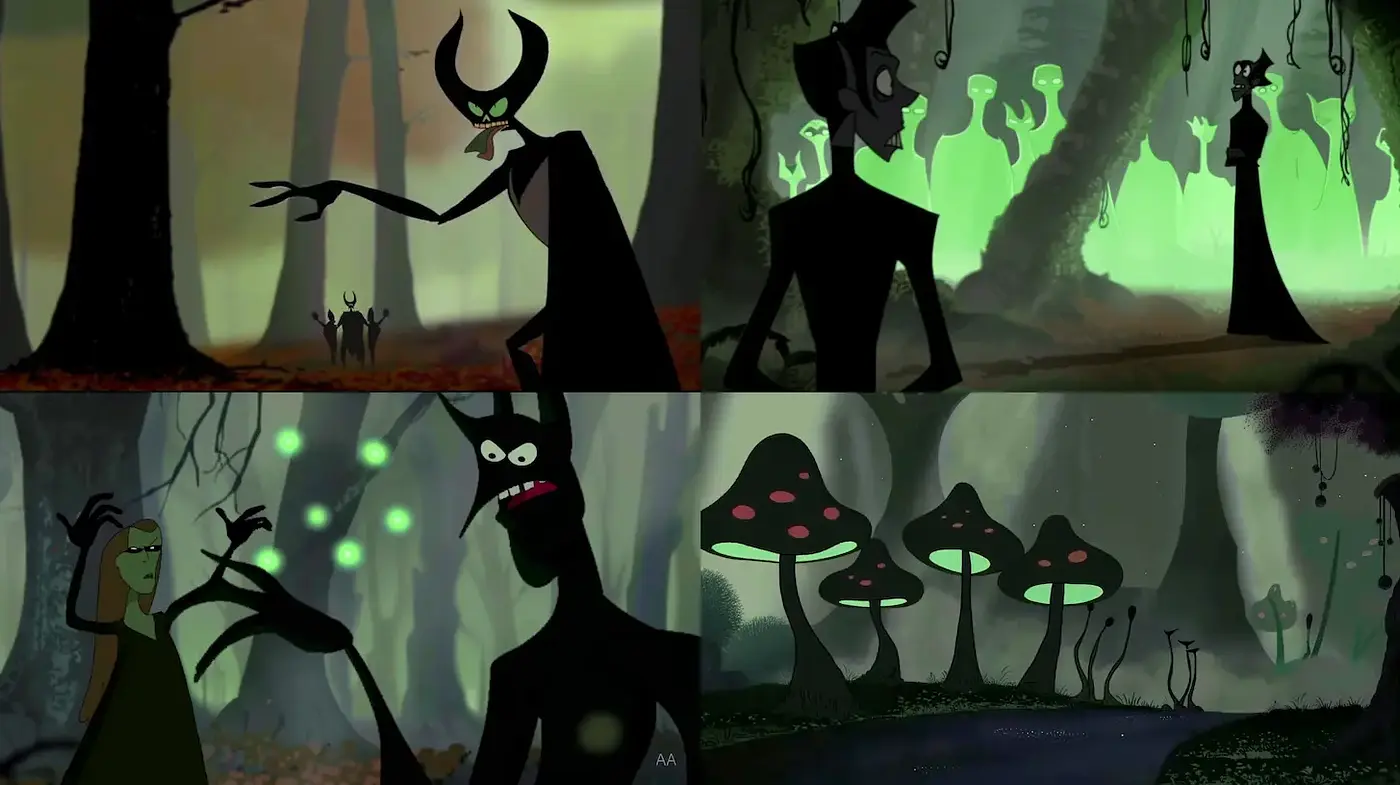 Stylized Gothic Fairy Tale with Enigmatic Characters in a Mystical Forest - Midjourney sref style