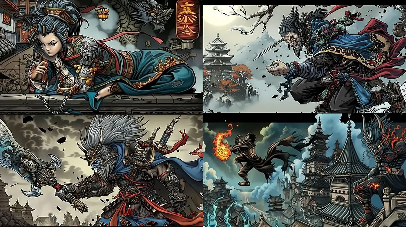 Epic Saga of Mythical Warriors: A Fusion of Traditional Asian Artistry and Dynamic Comic Book Aesthetics - Midjourney sref style
