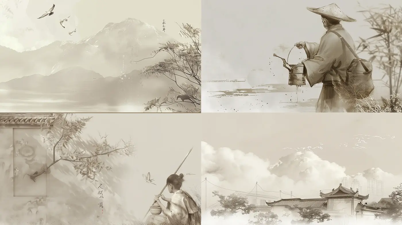 Ethereal Sepia-Toned Ink Wash Panoramas - Midjourney sref style