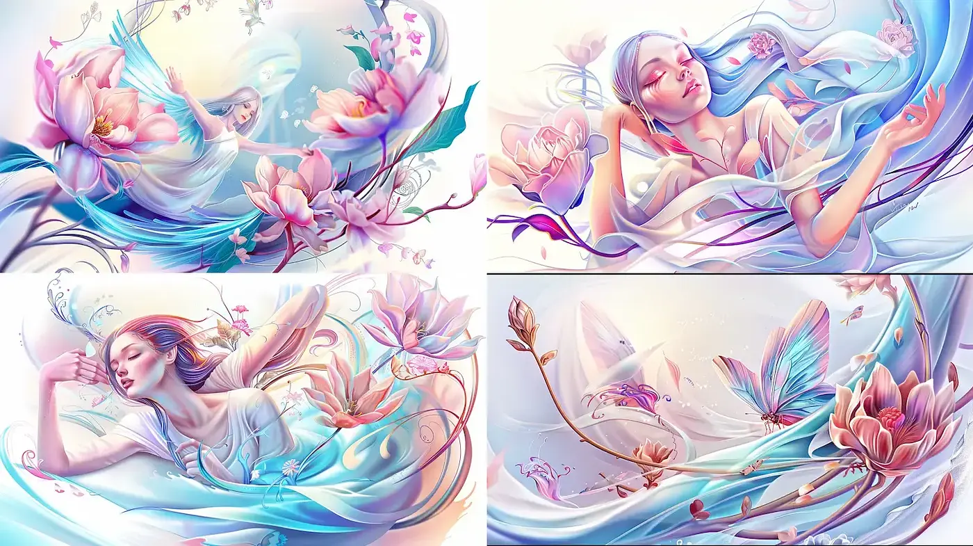 Ethereal and Dreamlike Aesthetic with Fluid Motion and Floral Elements - Midjourney sref style
