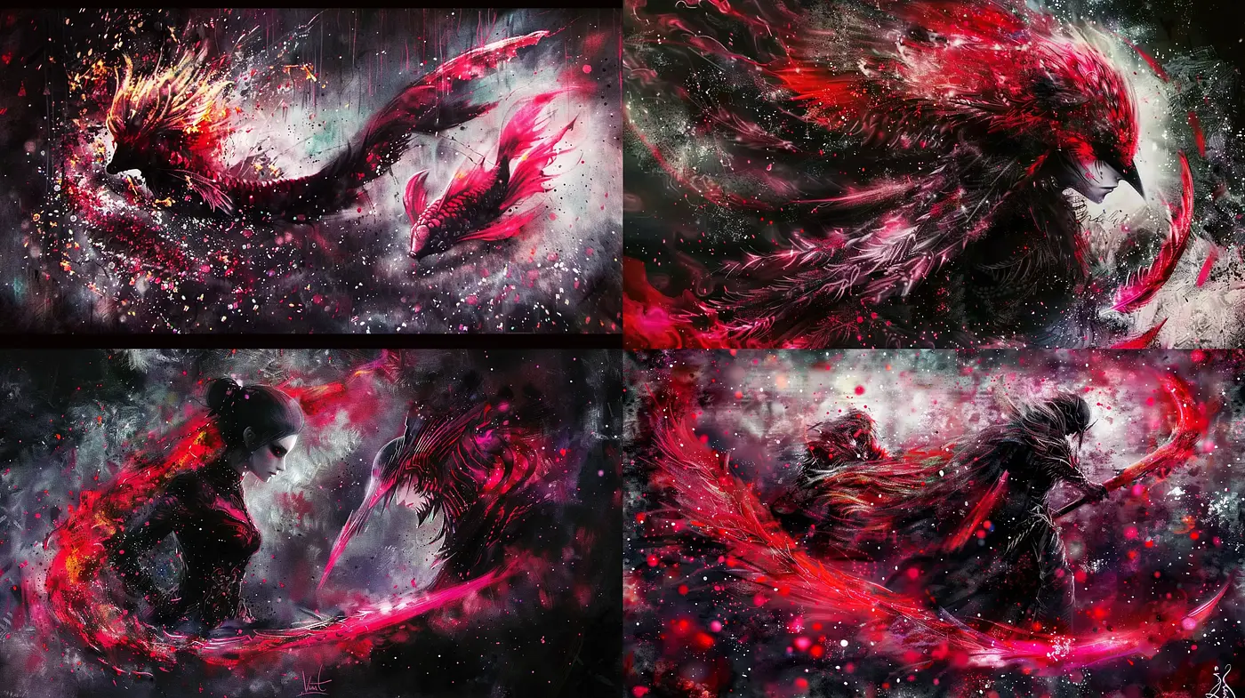 Ethereal Cosmic Dance in Red and Black Hues - Midjourney sref style