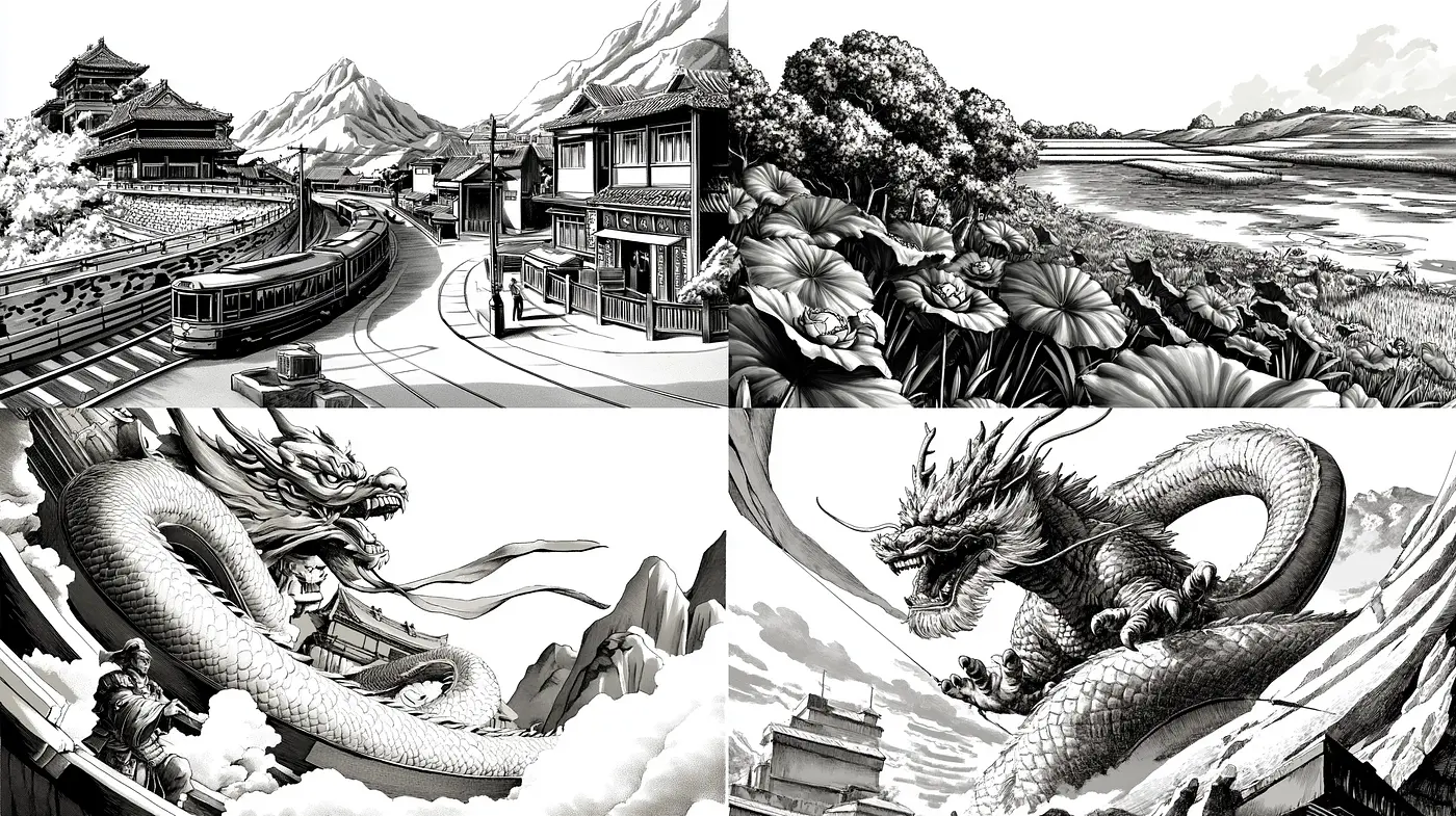 Monochromatic Asian-Inspired Mythological Etchings - Midjourney sref style
