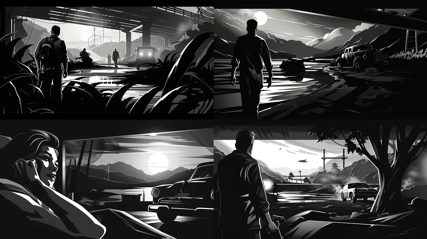 Monochromatic Noir Cinematic Illustration Series - Midjourney sref style