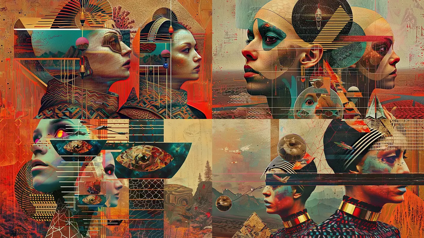 Futuristic Geometric Duality Portraits with Surreal Elements - Midjourney sref style