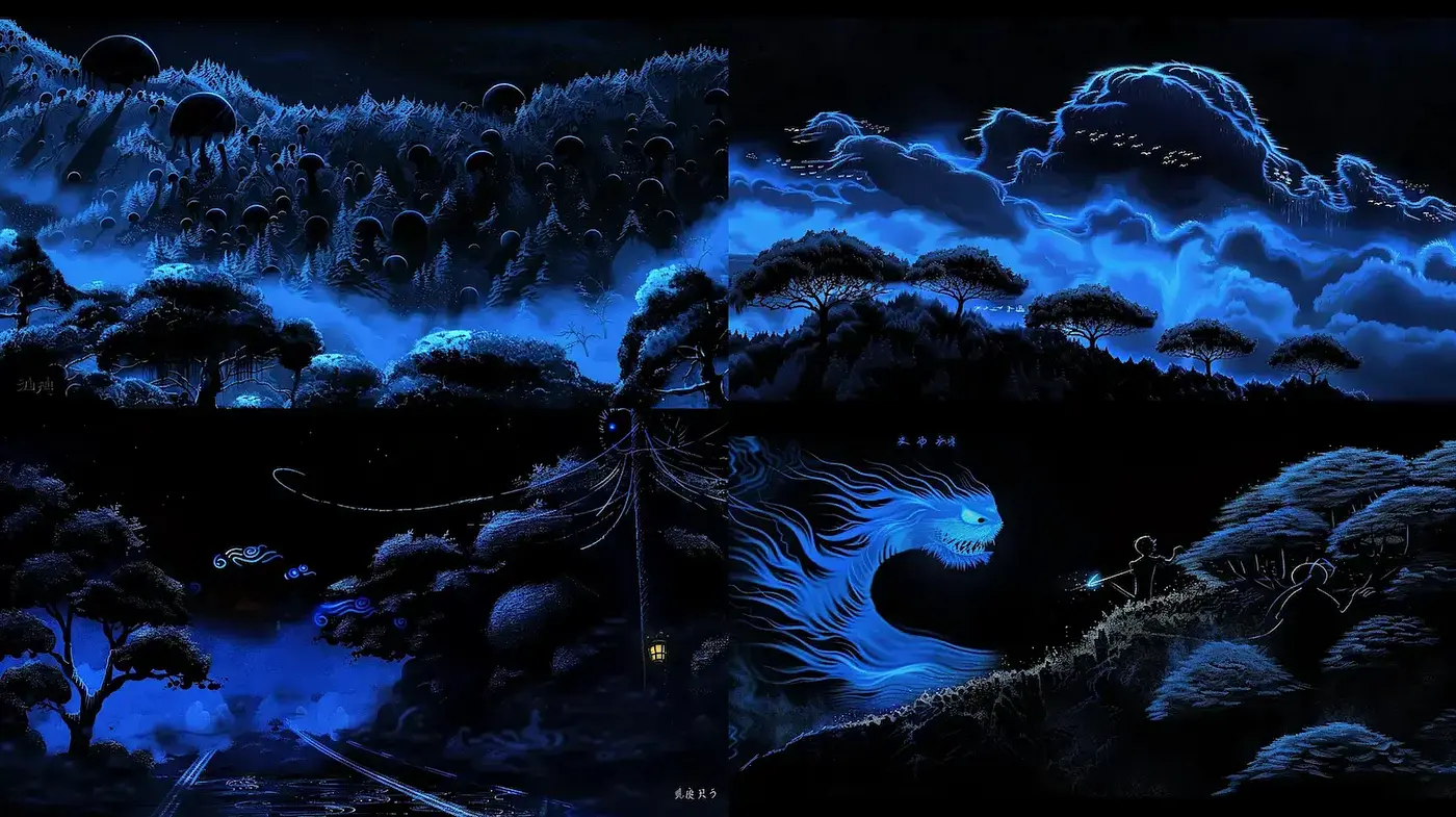 Mysterious Nightscapes with Ethereal Elements - Midjourney sref style
