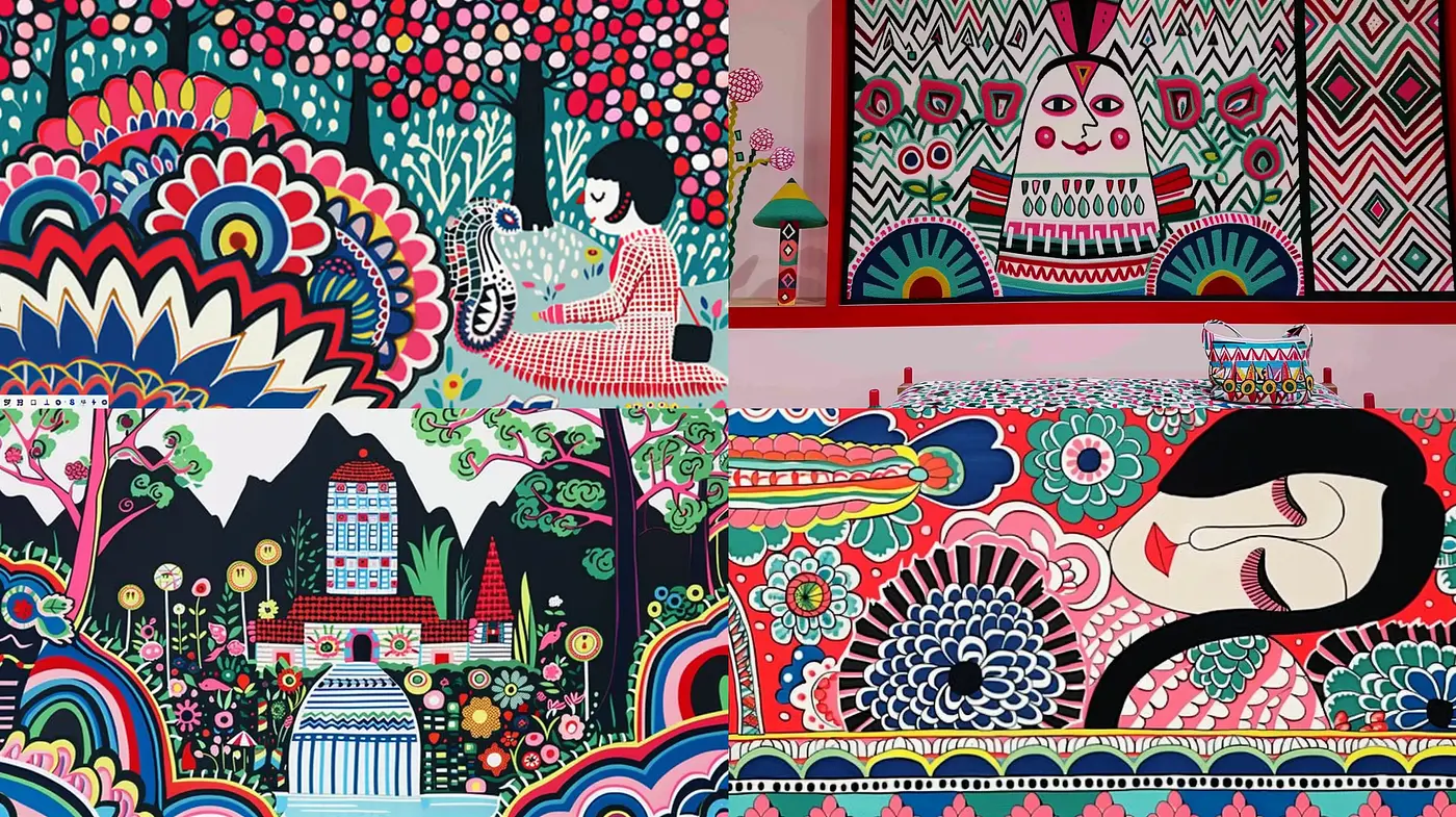 Eclectic Tapestry of Folk Art and Psychedelic Patterns - Midjourney sref style
