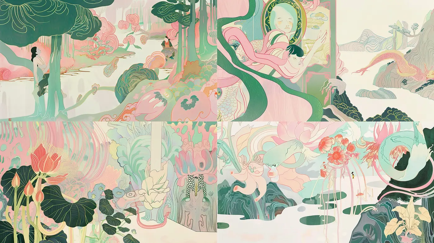 Ethereal Pastel Dreamscape: A Fusion of Surrealism and Art Nouveau with a Modern Twist - Midjourney sref style