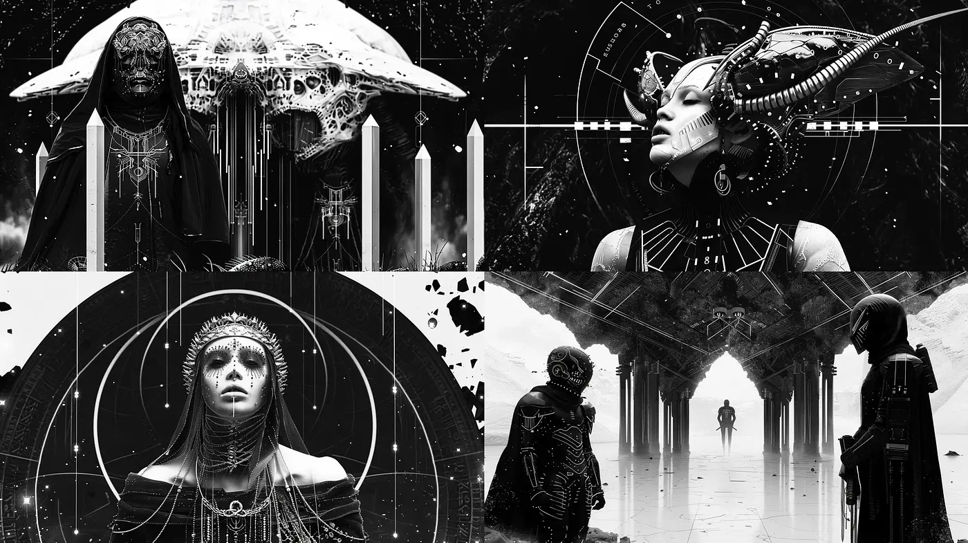 Futuristic Monochrome Cybernetic Visions - Midjourney sref style