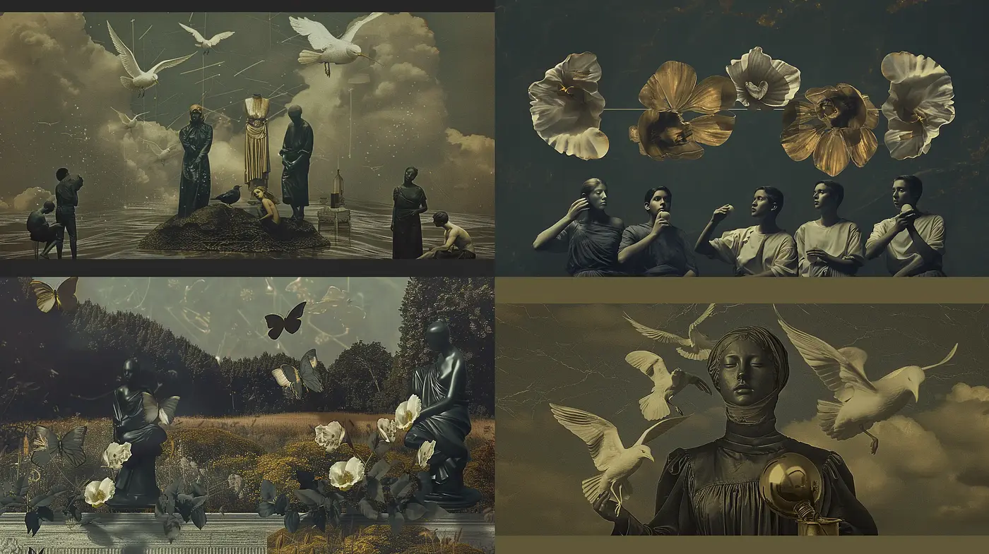 Surreal Baroque Reverie: A Harmonious Fusion of Sepia-Toned Allegory and Sculptural Elegance - Midjourney sref style