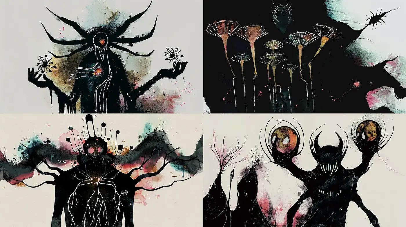 Mysterious and Ethereal Art with Dark Undertones and Organic Forms - Midjourney sref style