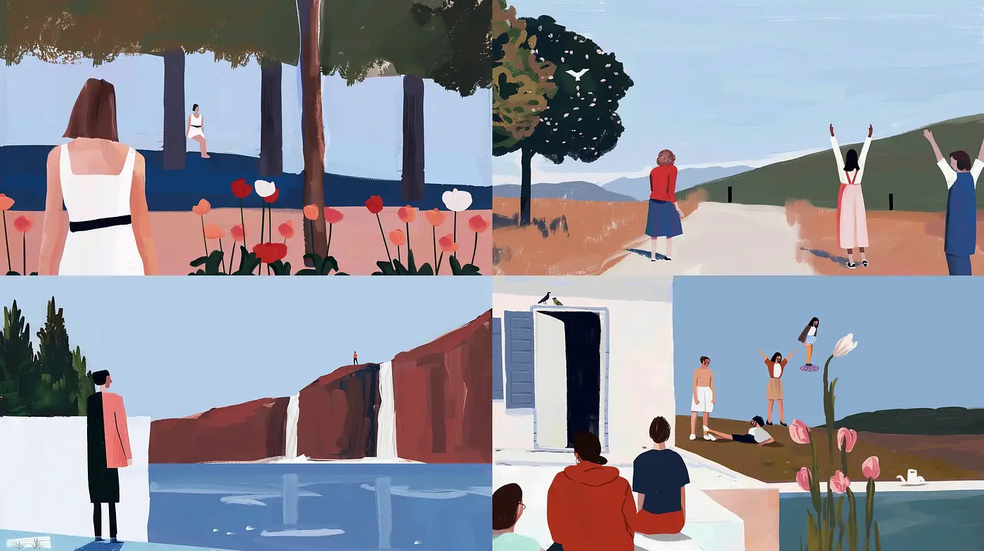 Serene Flat Color Contemplation in a Modernist Landscape - Midjourney sref style