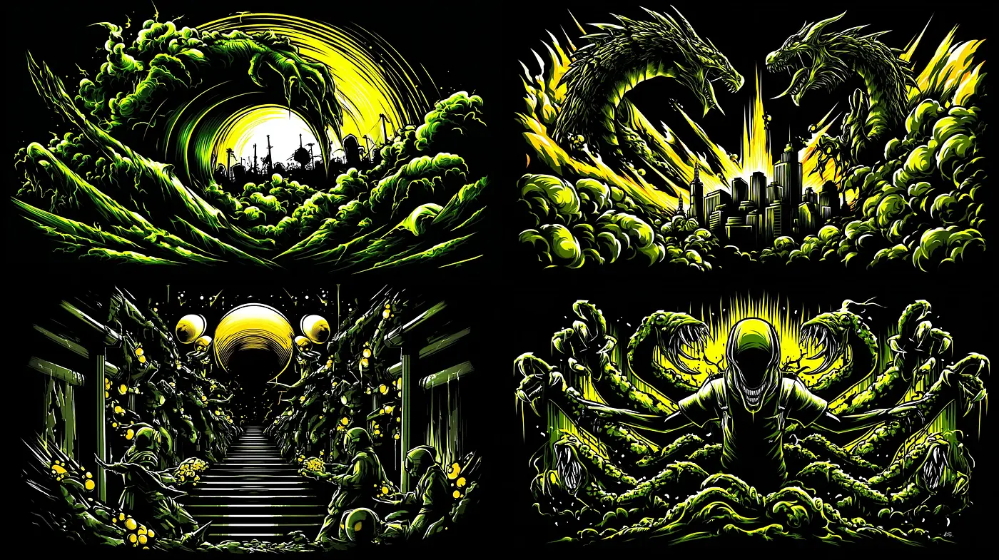 Dynamic Fusion of Surrealism and Graphic Novel Aesthetics - Midjourney sref style