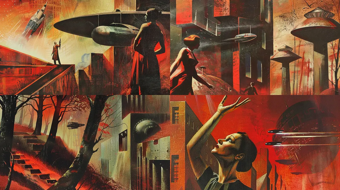 Dystopian Echoes in Crimson Hues: A Retro Sci-Fi Visual Symphony - Midjourney sref style