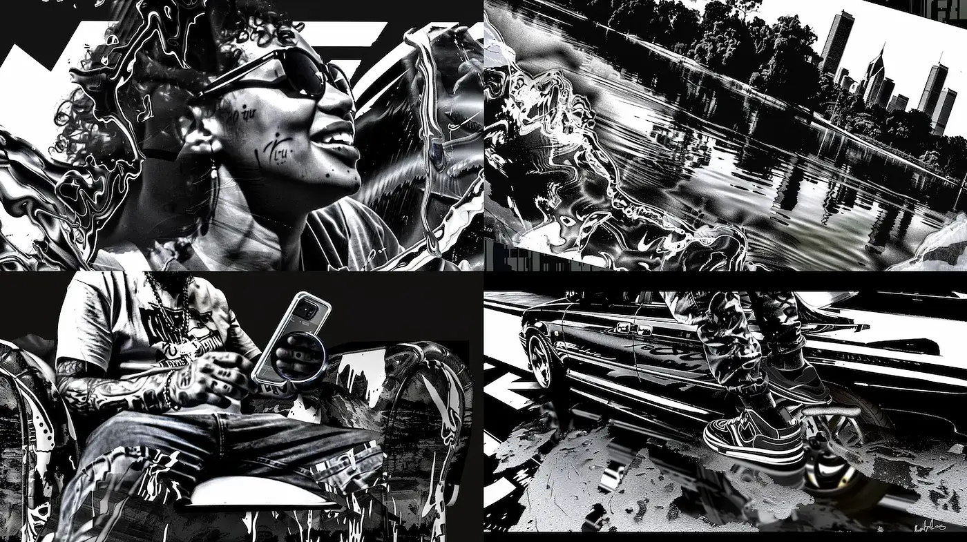 Dynamic and expressive urban art style with strong contrasts - Midjourney sref style