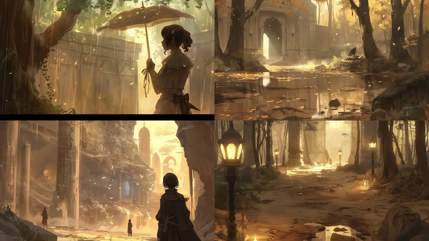 Ethereal Lightscapes in Sepia: A Fusion of Nature and Architecture in a Dreamlike Tableau - Midjourney sref style