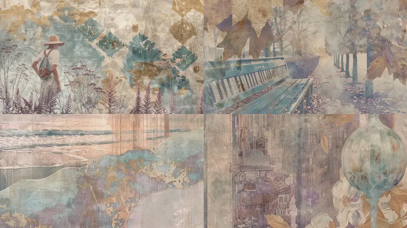 Ethereal Autumnal Tapestry: A Fusion of Nature and Vintage Textures - Midjourney sref style