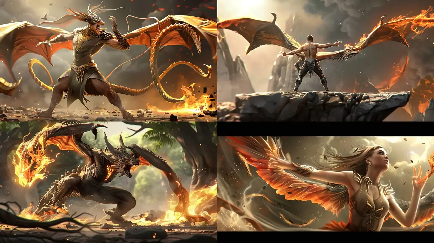 Epic Fantasy Battle Scenes with Majestic Fire-Winged Creatures and Warriors - Midjourney sref style
