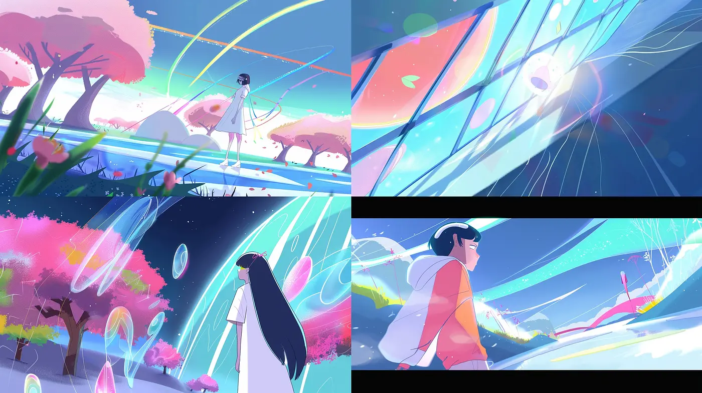 Ethereal Dreamscape: A Harmonious Fusion of Vibrant Colors and Dynamic Light in Digital Illustration - Midjourney sref style