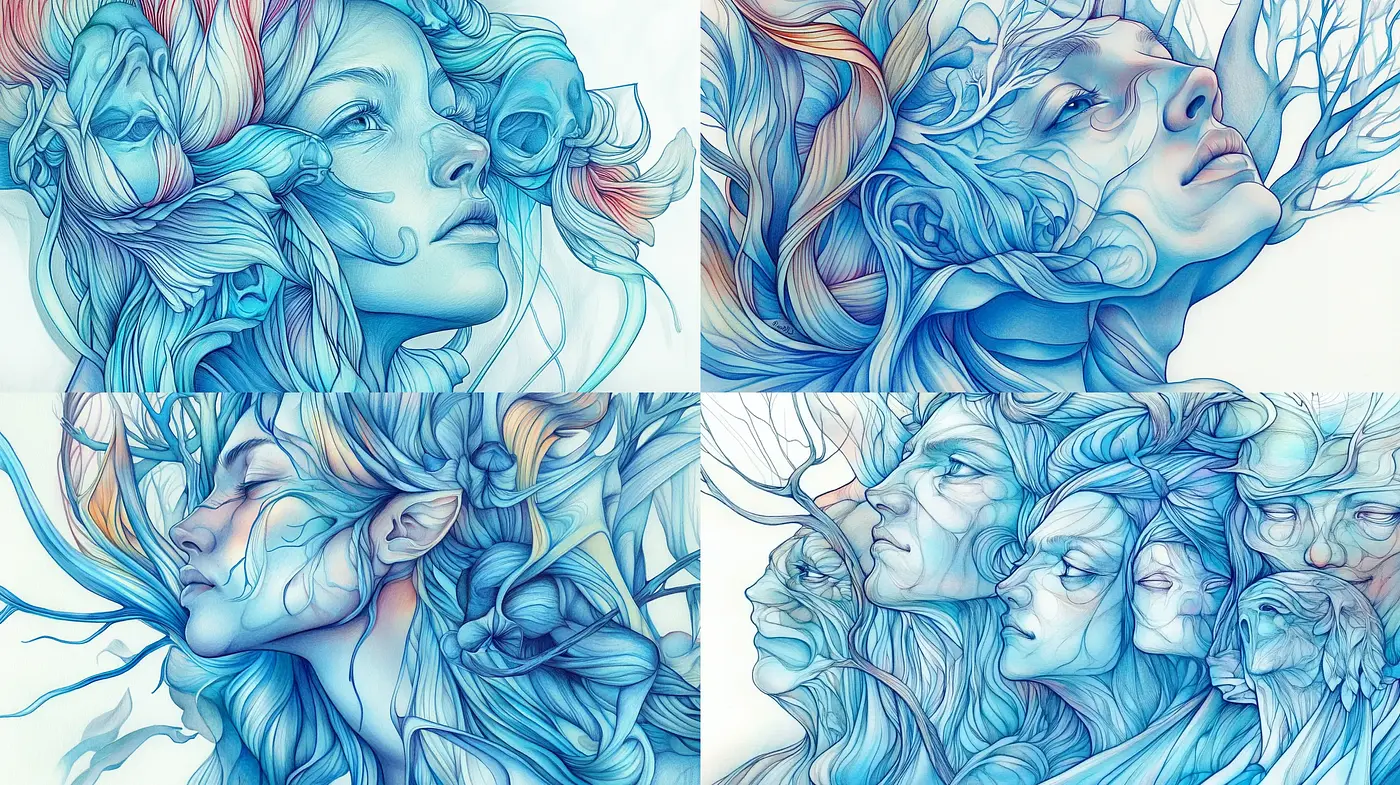 Ethereal Dreamscape Portraits in Cool Hues with Fluid Flora Details - Midjourney sref style