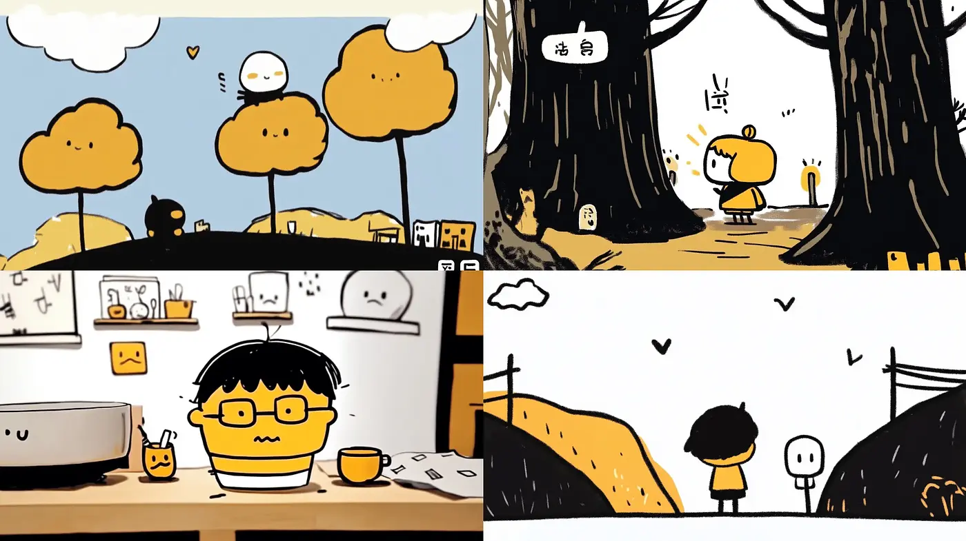 Whimsical Monochrome and Mustard Cartoonscape - Midjourney sref style
