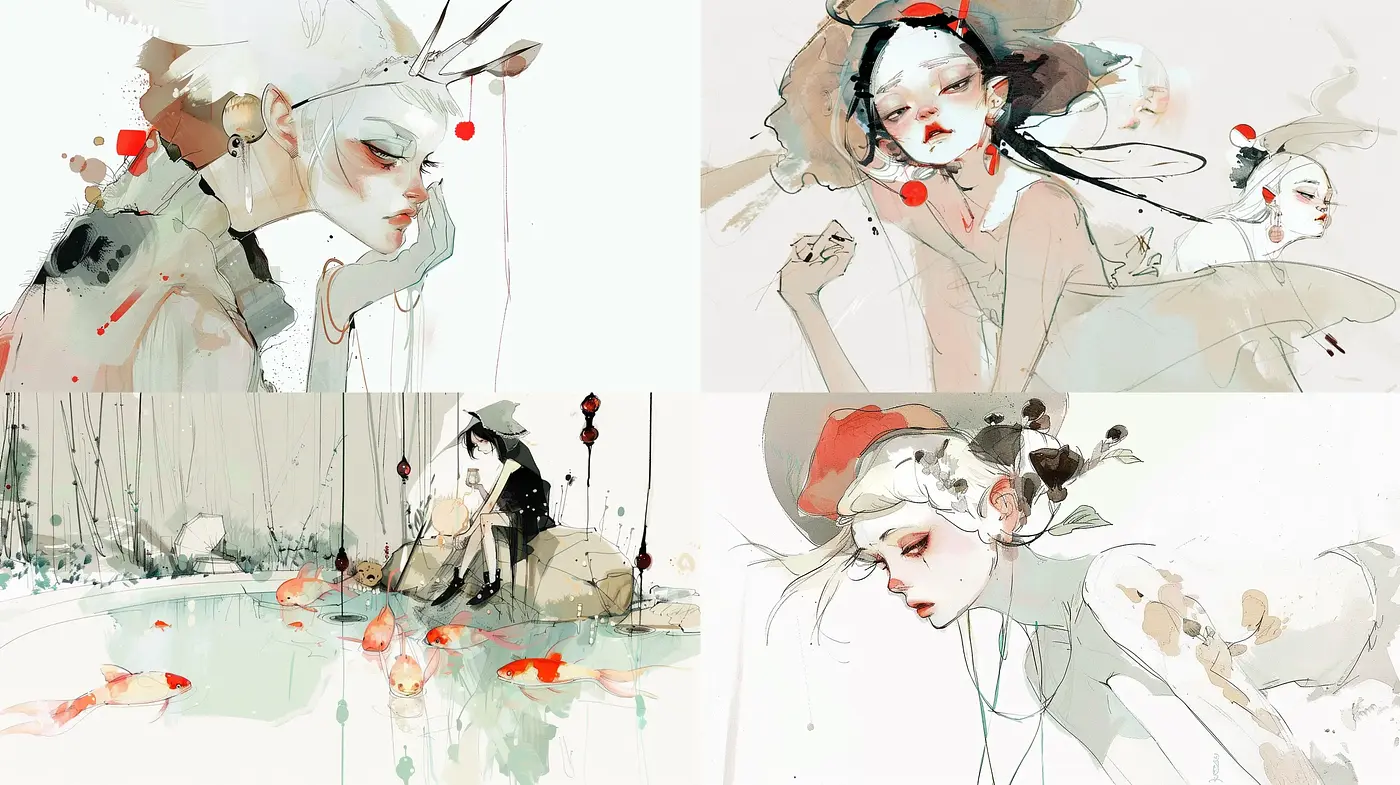 Ethereal Brushwork Harmonies In Monochrome And Vermilion - Midjourney sref style