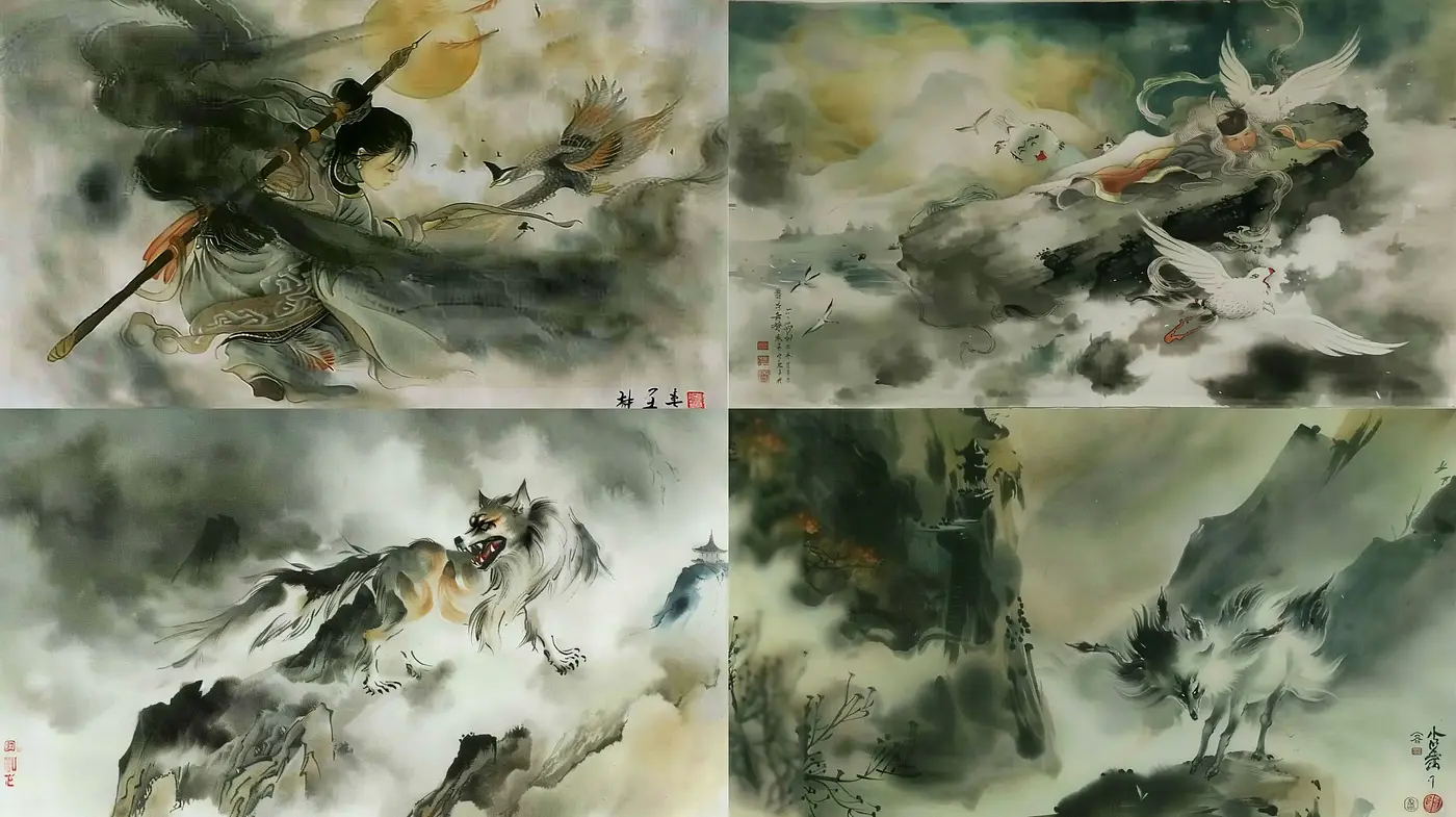 Ethereal Mythical Ink Worlds: A Harmonious Blend of Traditional Eastern Painting Techniques - Midjourney sref style