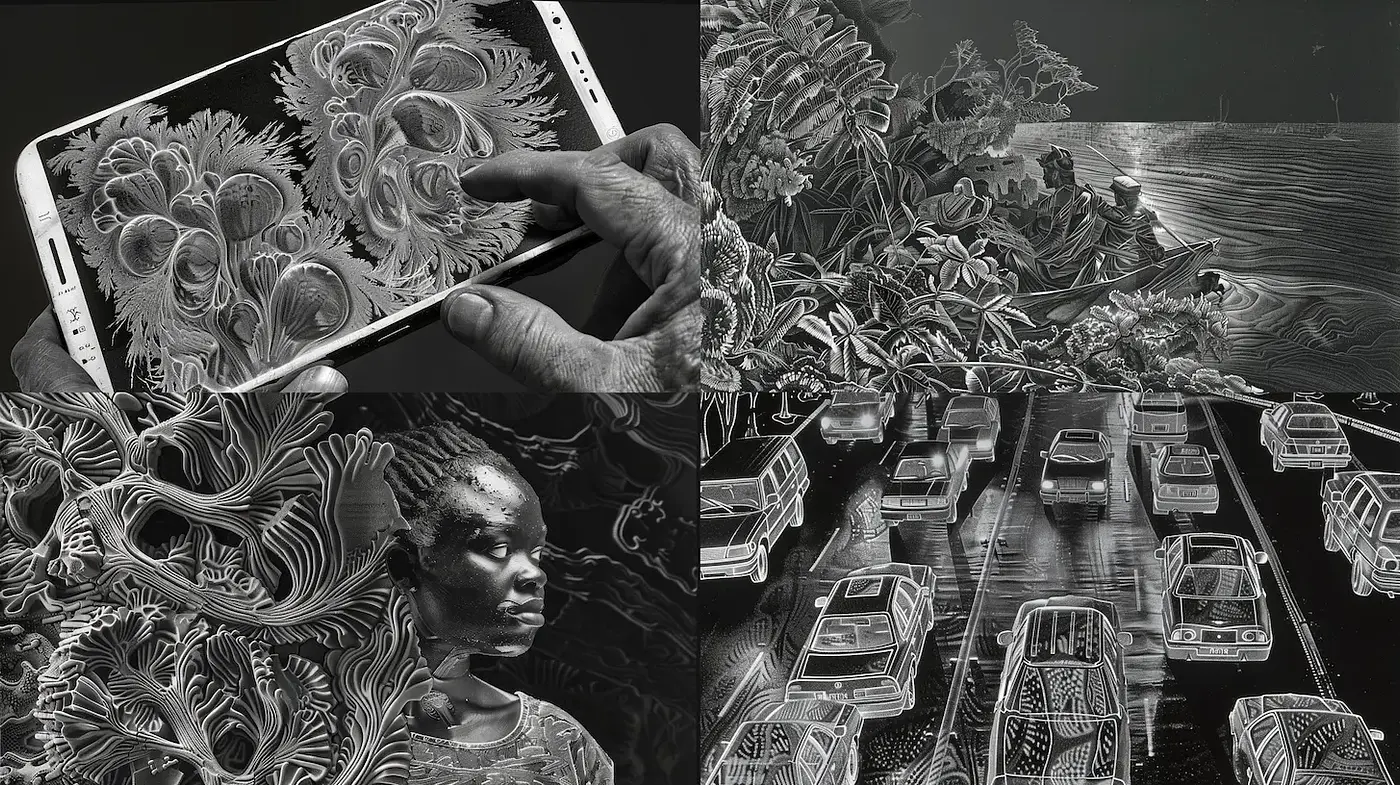 Intricate Engravings with Organic and Urban Elements - Midjourney sref style