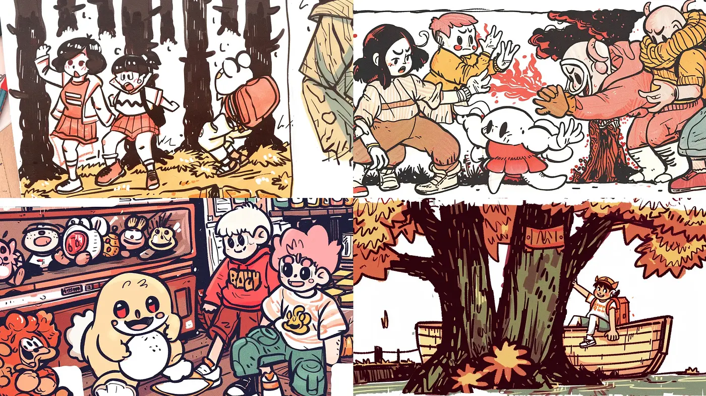 Autumnal Hues and Hand-Drawn Nostalgia in Stylized Cartoon Imagery - Midjourney sref style