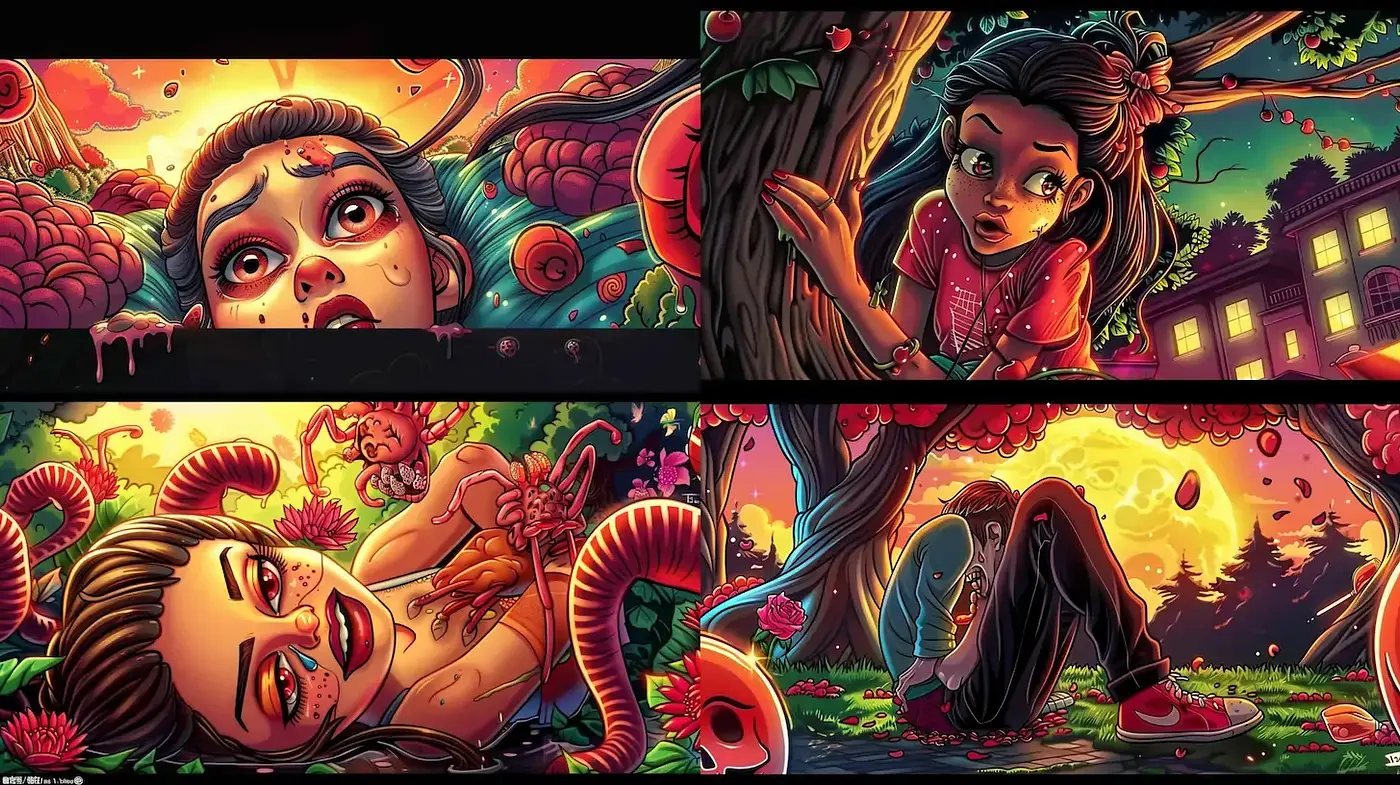 Vibrant and Surreal Illustrative Style with Gothic Undertones - Midjourney sref style