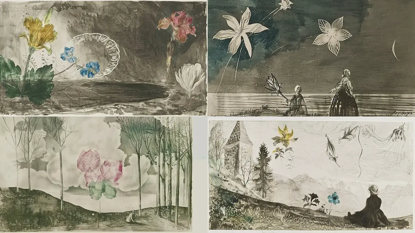 Whimsical, nature-inspired illustrations with ethereal elements - Midjourney sref style