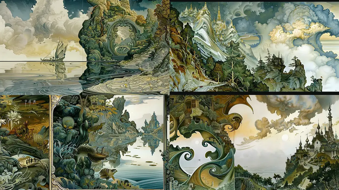 Surrealistic Landscapes with a Dreamlike Quality and Intricate Details - Midjourney sref style