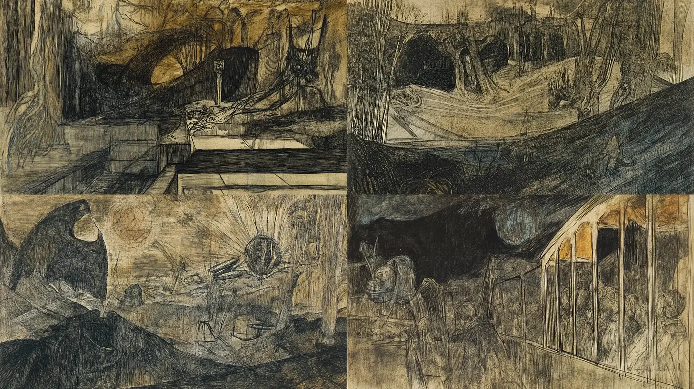 Ethereal Nocturnes: A Fusion of Darkness and Light in Scribbled Textures - Midjourney sref style